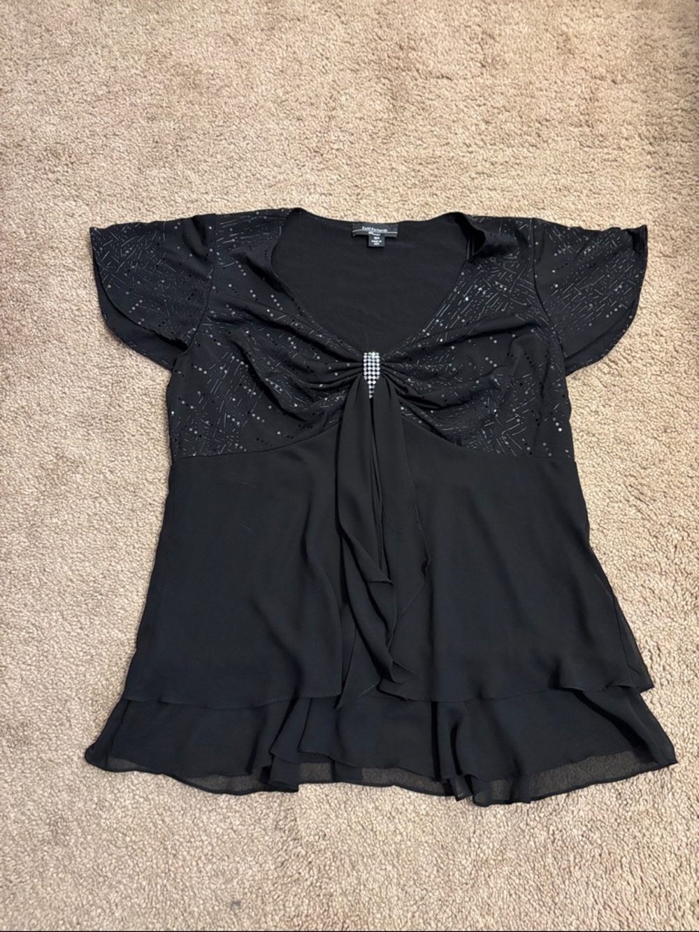 R&M Richards Black Rhinestone Tie-Front Layered Flutter Sleeve Blouse